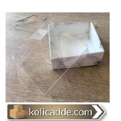 Altı Mermer Desenli Beyaz Karton Üstü Asetat Kapak Kutu 9x9x3 cm-KoliC