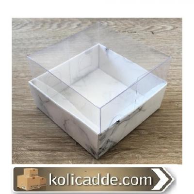 Beyaz Mermer Desenli Asetat Kapaklı Kutu 9x9x5 cm-KoliCadde