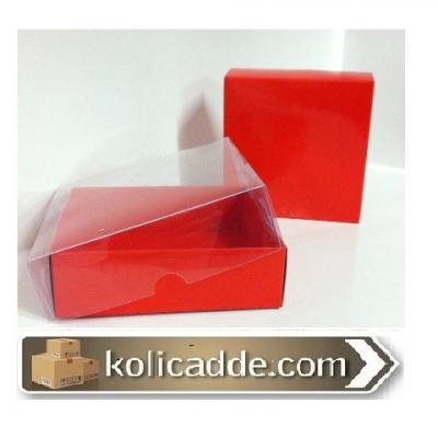 Alt Kırmızı Karton Üst Asetat Kapak 9x9x3 cm-KoliCadde