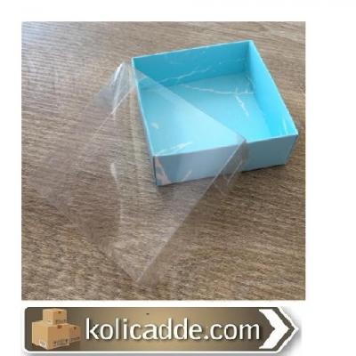 Altı Mermer Desenli Mavi Karton Üstü Asetat Kapak Kutu 9x9x3 cm-KoliCa