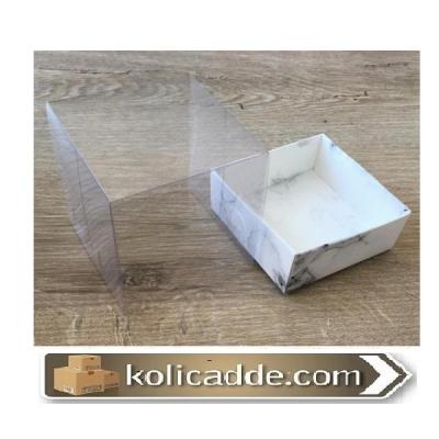 Asetat Kapaklı Beyaz Mermer Desenli Karton Kutu 9x9x10 cm-KoliCadde