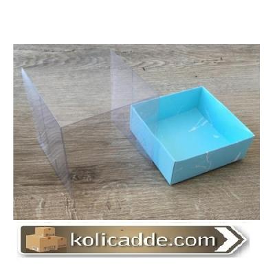 Asetat Kapaklı Mavi Mermer Desenli Karton Kutu 9x9x10 cm-KoliCadde