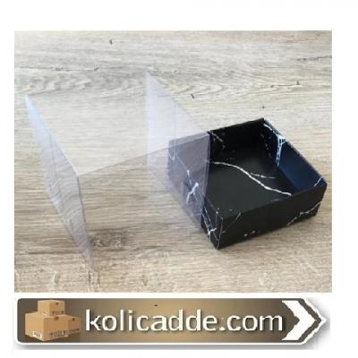 Asetat Kapaklı Siyah Mermer Desenli Karton Kutu 9x9x10 cm-KoliCadde