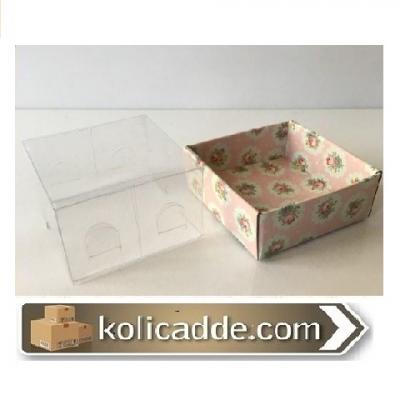 Altı Pembe Gül Desenli Karton Üstü Asetat Kutu 5x5x3 cm-KoliCadde