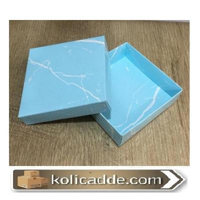 Karton Kapaklı Mermer Desenli Mavi Kutu 10x10x3 cm-KoliCadde