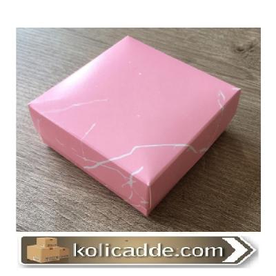 Karton Kapaklı Mermer Desenli Pembe Kutu 10x10x3 cm-KoliCadde