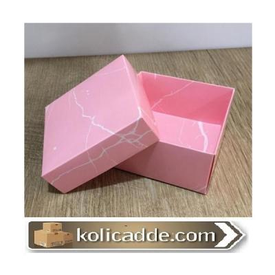 Karton Kapaklı Mermer Desenli Pembe Kutu 10x10x5 cm-KoliCadde